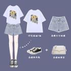 Short-sleeve Cartoon Print T-shirt / Floral Embroidered Denim Shorts