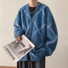Check V-neck Fluffy Cardigan