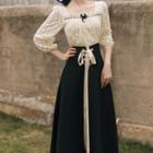 Set: Elbow-sleeve Lace Blouse + Midi A-line Skirt