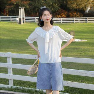 V-neck Plain Bow Chiffon Blouse White - One Size