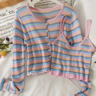 Set: Striped Camisole Top + Crew-neck Light Cardigan