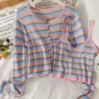 Set: Striped Camisole Top + Crew-neck Light Cardigan