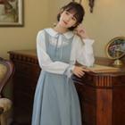Bell-sleeve Collared Blouse / Midi A-line Overall Dress / Set