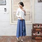 3/4-sleeve Chinese Frog Top / Printed Maxi Skirt