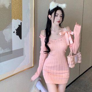 Long-sleeve Off-shoulder Ribbon Knit Mini Sheath Dress Pink - One Size