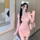 Long-sleeve Off-shoulder Ribbon Knit Mini Sheath Dress Pink - One Size