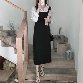 Plain Long-sleeve Shirt / Midi Overall Dress