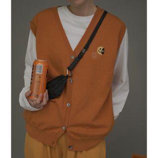 Smiley Face Embroidered Button-up Sweater Vest