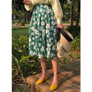 Pleated Floral Midi Plaid Skirt