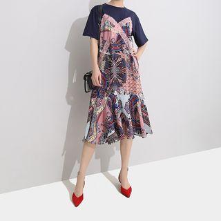 Short-sleeve Print Ruffled Dress Blue - One Size