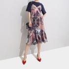 Short-sleeve Print Ruffled Dress Blue - One Size