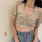 Flower Print Short-sleeve Crop Top As Shown In Figure - One Size