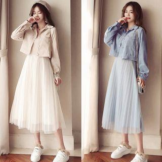 Set: Cropped Corduroy Button Jacket + Mesh Panel Midi Spaghetti Strap Dress