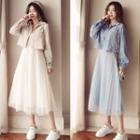 Set: Cropped Corduroy Button Jacket + Mesh Panel Midi Spaghetti Strap Dress