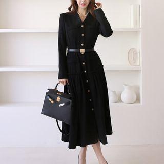 Set: Long-sleeve Button-up Midi A-line Dress + Belt
