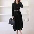 Set: Long-sleeve Button-up Midi A-line Dress + Belt