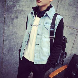 Mock Two-piece Denim Panel Buttoned Knit Jacket
