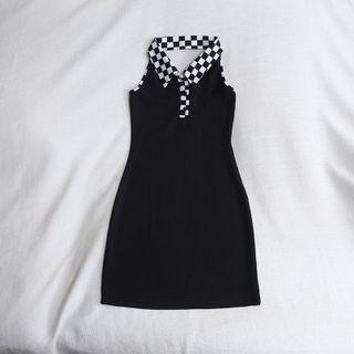 Halter-neck Checker Print Polo-neck Bodycon Dress