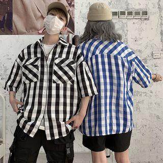 Plaid Pocket-front Elbow-sleeve Shirt