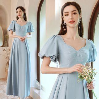 Puff-sleeve V-neck Midi A-line Cocktail Dress