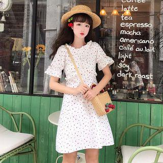 Strawberry Print Short-sleeve Ruffled A-line Dress