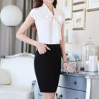 Set: Short-sleeve Bow Neck Shirt + Skirt