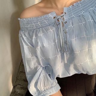 Checked Off-shoulder 3/4-sleeve Blouse