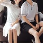 Couple Matching Lace Elbow Sleeve Dress / Contrast Trim Short Sleeve Polo Shirt + Shorts