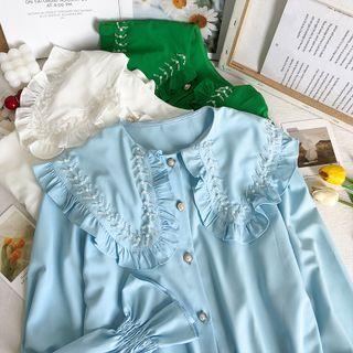 Pearl-accent Ruffle-trim Plain Shirt