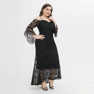 Plus-size Cold-shoulder Lace Maxi A-line Dress
