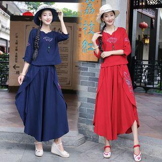 Set: Embroidered Elbow-sleeve Blouse + Midi A-line Skirt