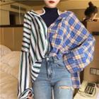 Mock-two Checkpanel Striped Long-sleeve Loose-fit Shirt
