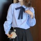 Long-sleeve Tie-neck Shirt Blue - One Size