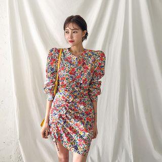 Puff-shoulder Frilled Floral Sheath Dress