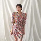 Puff-shoulder Frilled Floral Sheath Dress