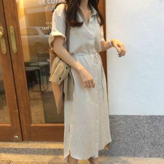 Short-sleeve Elastic-waist Shirtdress