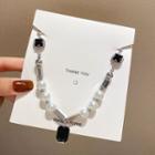 Faux Crystal Faux Pearl Pendant Stainless Steel Necklace X785 - 1 Pc - Silver & Black - One Size