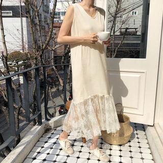 Lace-hem Long Tank Dress Cream - One Size