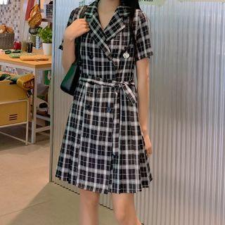 Gingham Pleated Dress With Double Breasted