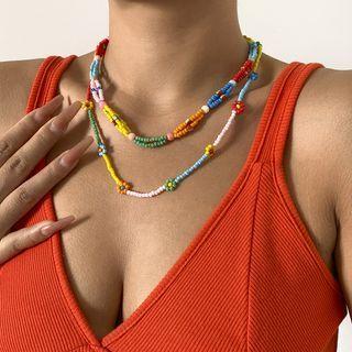 Flower Bead Layered Choker Necklace 2605 - Gold - One Size