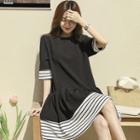 Elbow-sleeve Stripe-panel Shirred Dress Black - One Size
