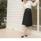 High Waist Belted Asymmetrical Hem Midi Skirt