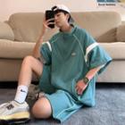 Set: Elbow-sleeve Mock-neck Zip Jacket + Two-tone Straight Cut Shorts
