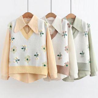 Set: Floral Jacquard Sweater Vest + Plain Shirt