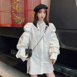 Plain Crewneck Loose-fit Single-breasted Puff-sleeve Blouse As Shown In Figure - One Size