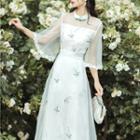Bell-sleeve Embroidered Mesh Midi A-line Qipao Dress