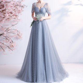Short-sleeve Glitter A-line Mesh Evening Gown