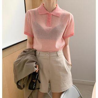 Short-sleeve Sheer Polo Knit Top