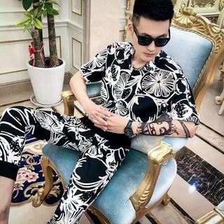 Set: Printed Short-sleeve Shirt + Cropped Pants