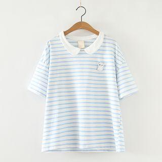 Peter Pan Collar Striped Short-sleeve T-shirt With Brooch